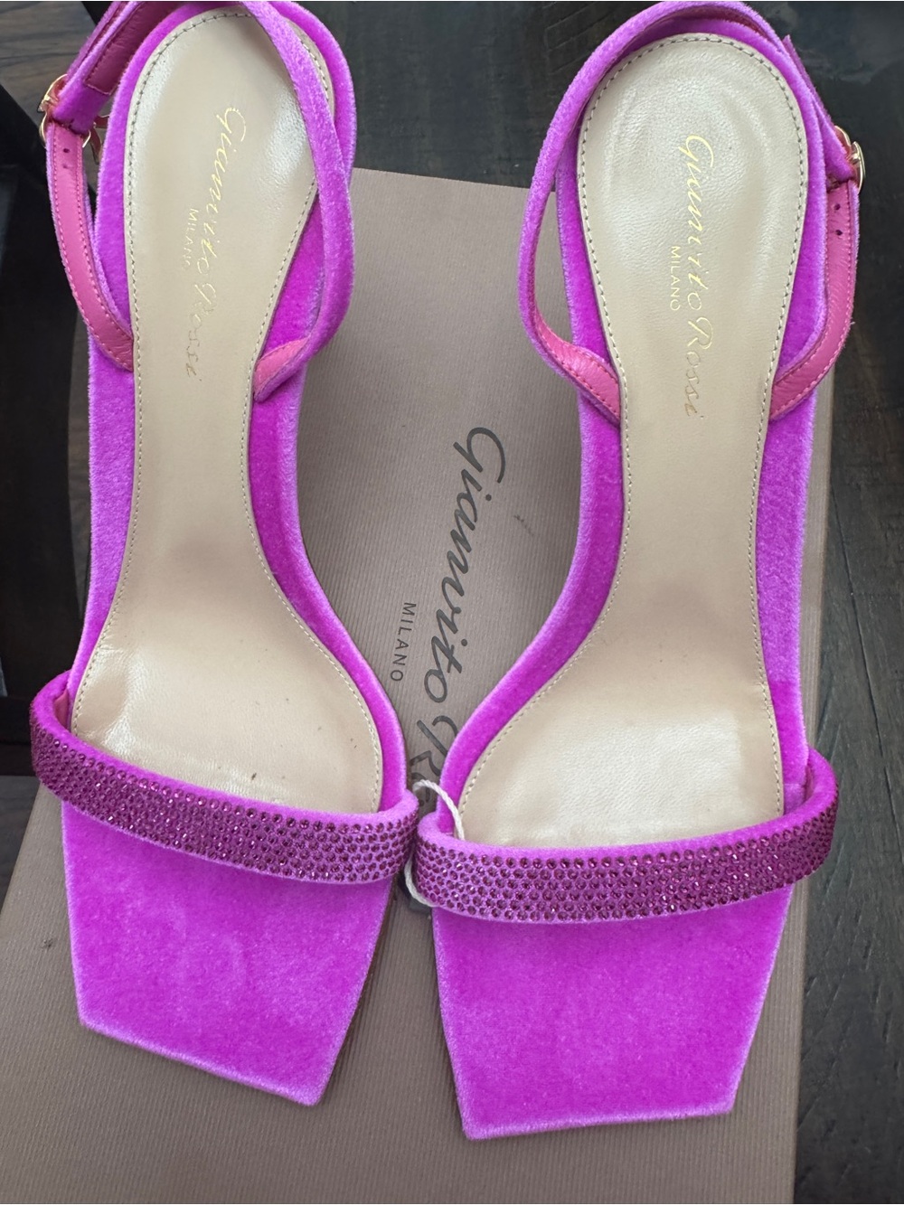 Gianvito Rossi Fuchsia Suede Crystal Strap Heels